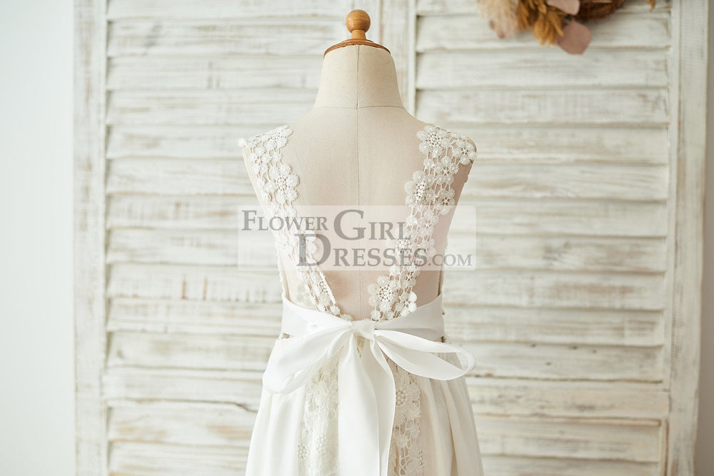 Boho Beach Ivory Lace Chiffon Backless Long Flower Girl Dress, Belt 5T Boho Beach Ivory Lace Chiffon Backless Long Flower Girl Dress, Belt 5T