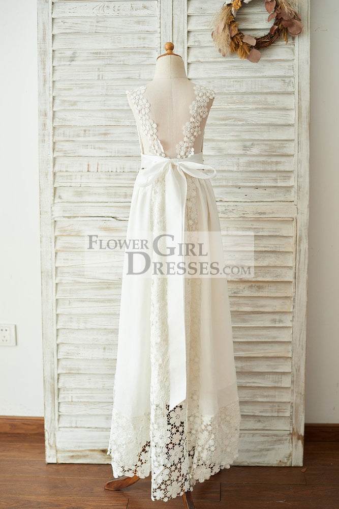 Boho Beach Ivory Lace Chiffon Backless Long Flower Girl Dress, Belt 5T Boho Beach Ivory Lace Chiffon Backless Long Flower Girl Dress, Belt 5T