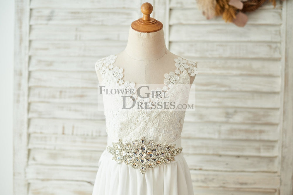 Boho Beach Ivory Lace Chiffon Backless Long Flower Girl Dress, Belt 5T Boho Beach Ivory Lace Chiffon Backless Long Flower Girl Dress, Belt 5T