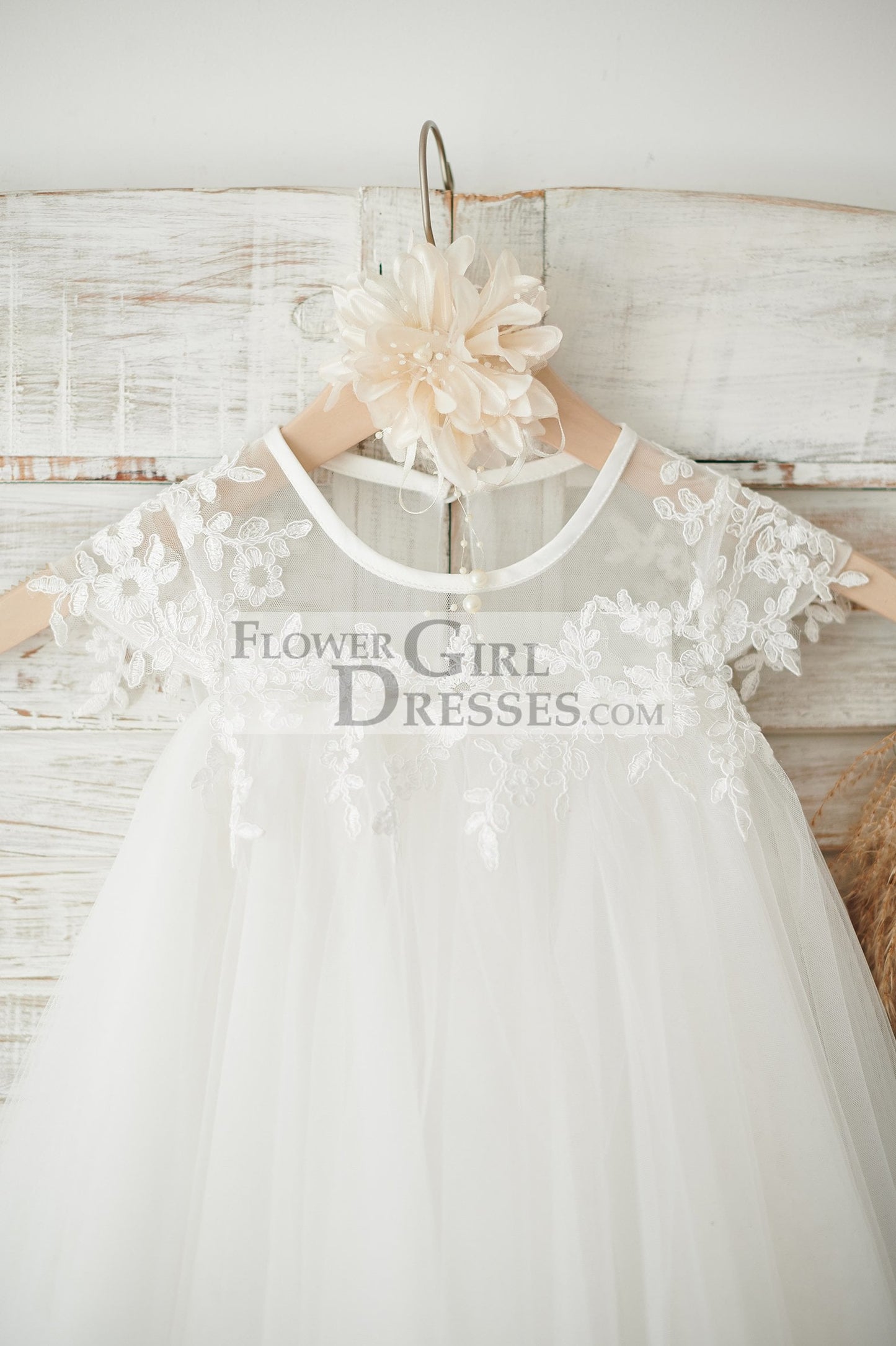 Boho Beach Sheer Neck Ivory Tulle Lace Wedding Flower Girl Dress