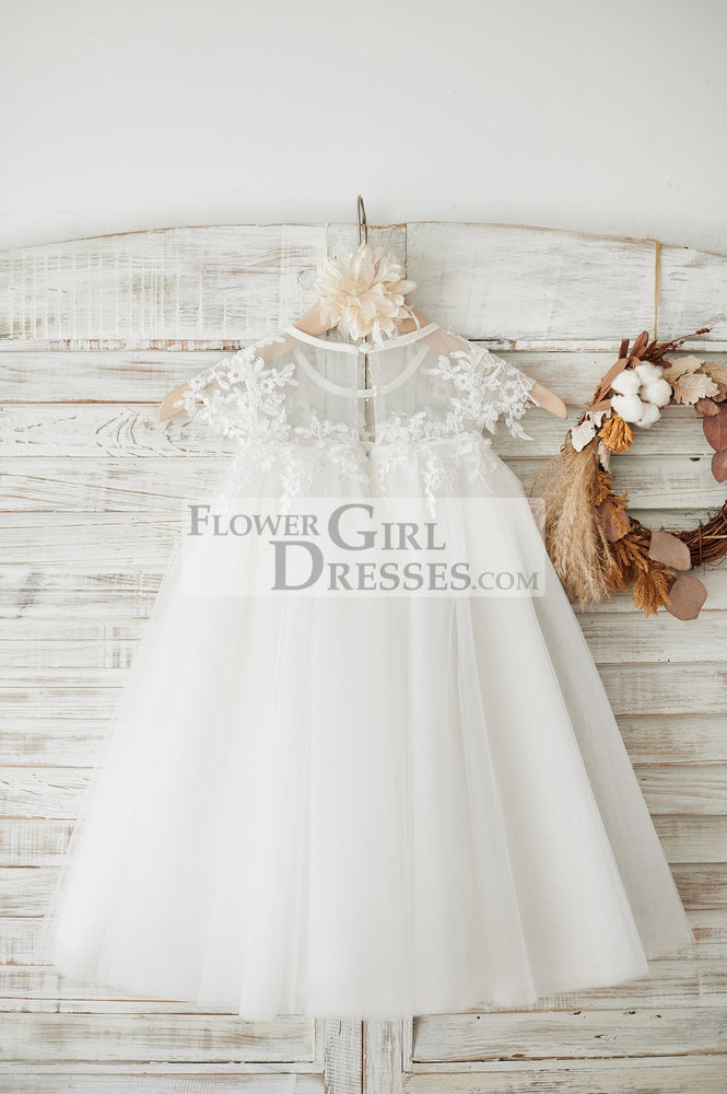 Boho Beach Sheer Neck Ivory Tulle Lace Wedding Flower Girl Dress 1T