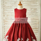 Burgundy Satin Ivory Lace Keyhole Back Wedding Flower Girl Dress