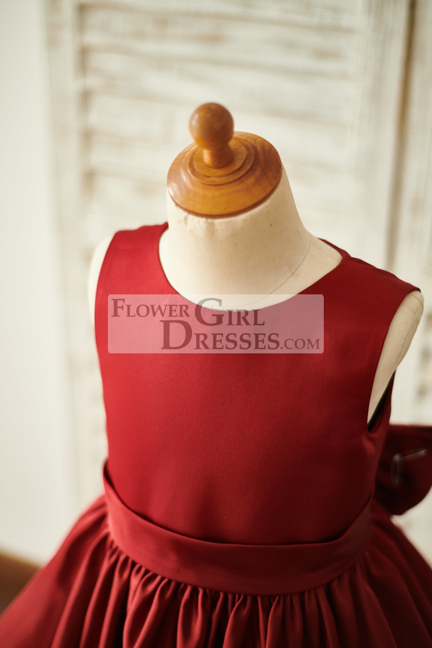 Burgundy Satin Ivory Lace Keyhole Back Wedding Flower Girl Dress