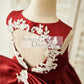 Burgundy Satin Ivory Lace Keyhole Back Wedding Flower Girl Dress