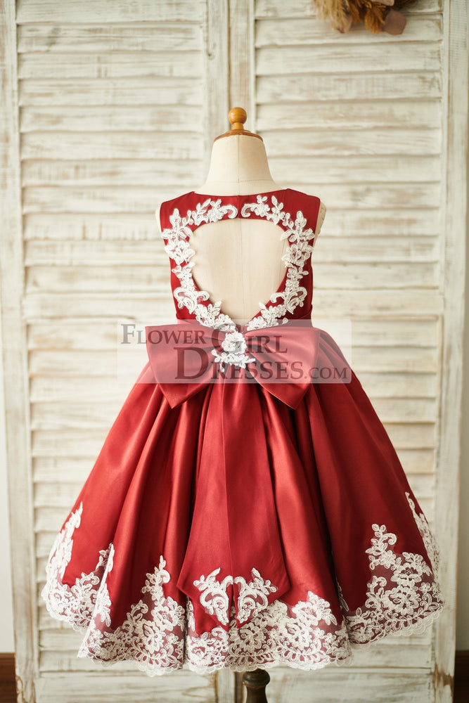 Burgundy Satin Ivory Lace Keyhole Back Wedding Flower Girl Dress 1T Burgundy Satin Ivory Lace Keyhole Back Wedding Flower Girl Dress 1T