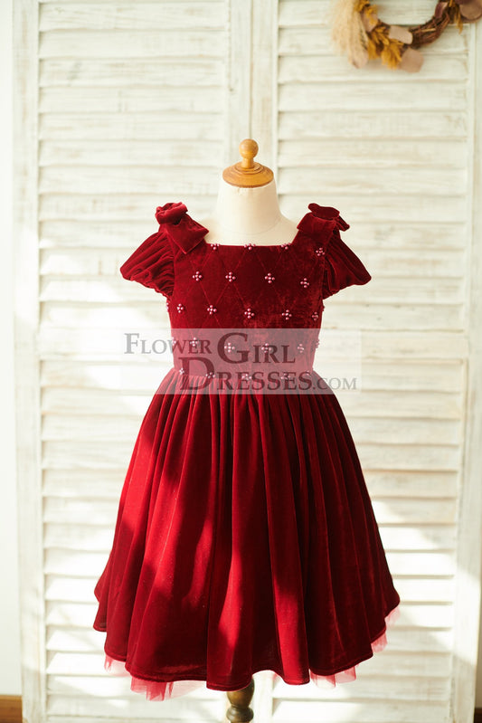 Burgundy Velvet Corset Back Cap Sleeves Wedding Flower Girl Dress