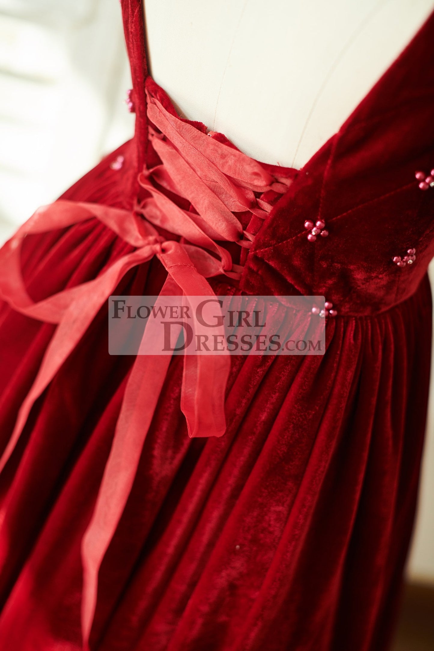 Burgundy Velvet Corset Back Cap Sleeves Wedding Flower Girl Dress