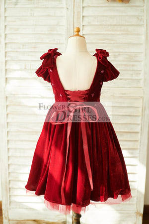 Burgundy Velvet Corset Back Cap Sleeves Wedding Flower Girl Dress - Flower Girl Dresses Burgundy Velvet Corset Back Cap Sleeves Wedding Flower Girl Dress - Flower Girl Dresses