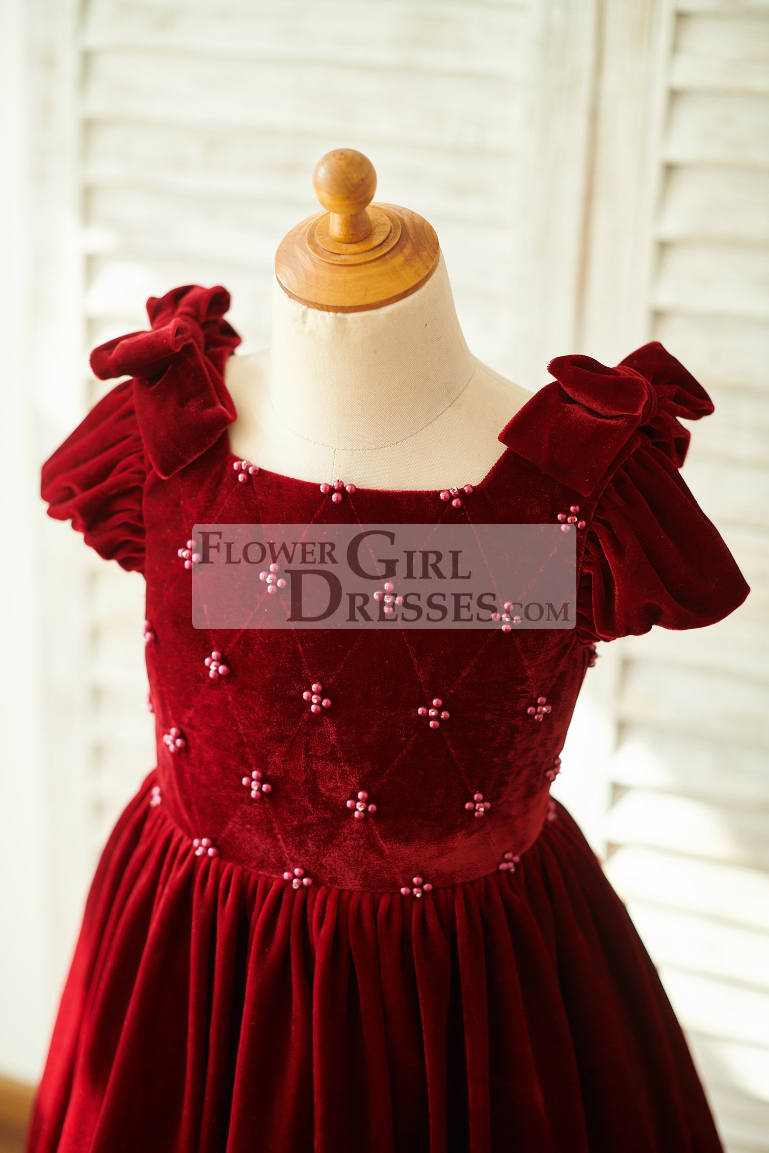 Burgundy Velvet Corset Back Cap Sleeves Wedding Flower Girl Dress