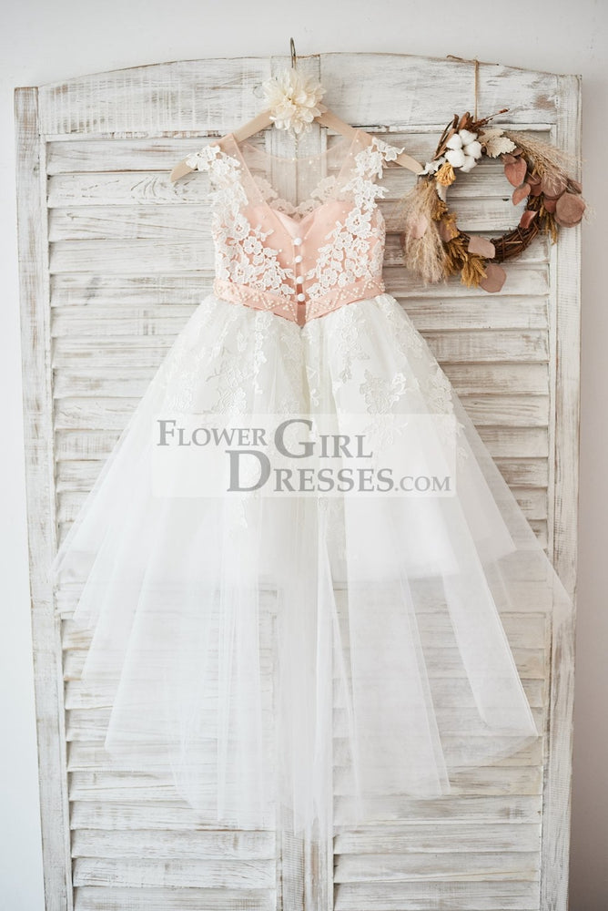 Cap Sleeves Ivory Lace Tulle Hi Low V Back Wedding Flower Girl Dress 10T Cap Sleeves Ivory Lace Tulle Hi Low V Back Wedding Flower Girl Dress 10T