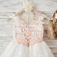 Cap Sleeves Ivory Lace Tulle Hi Low Wedding Party Flower Girl Dress with V Back / Beading