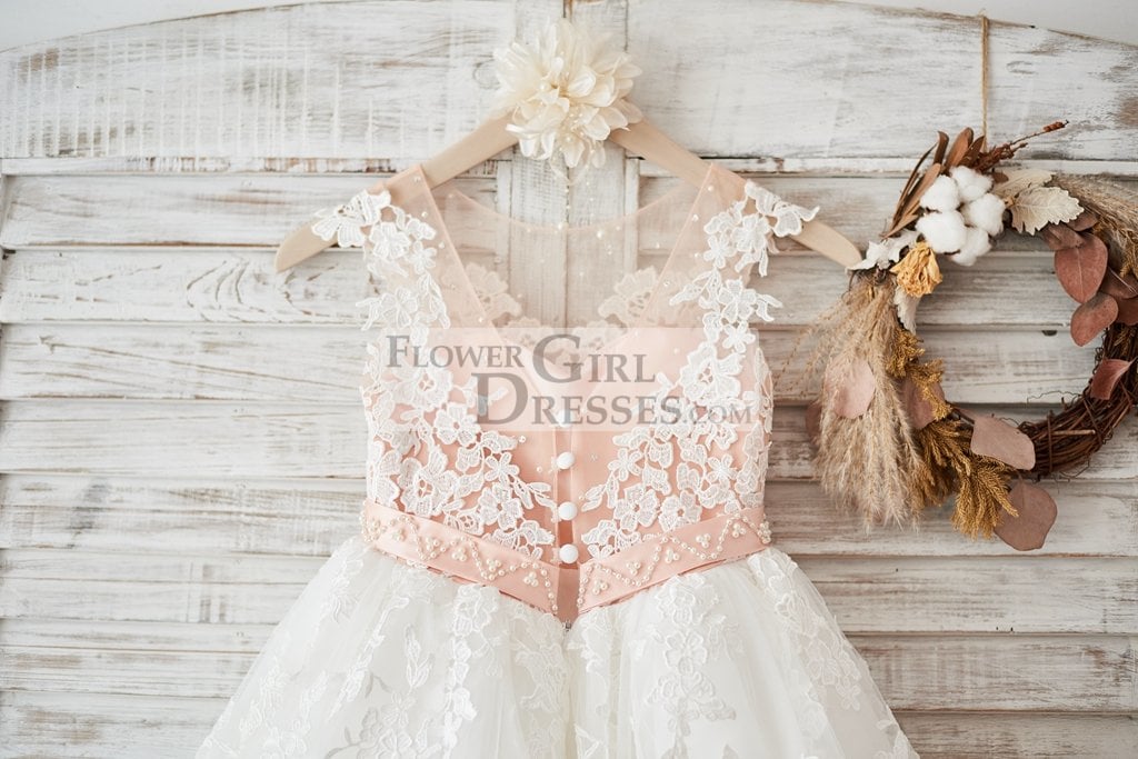 Cap Sleeves Ivory Lace Tulle Hi Low Wedding Party Flower Girl Dress with V Back / Beading