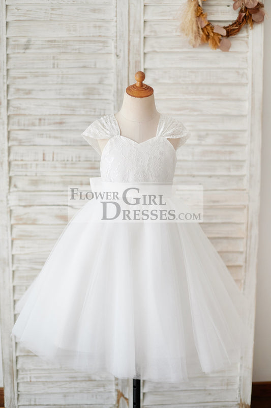 Cap Sleeves Ivory Lace Tulle Wedding Flower Girl Dress with Big Bow