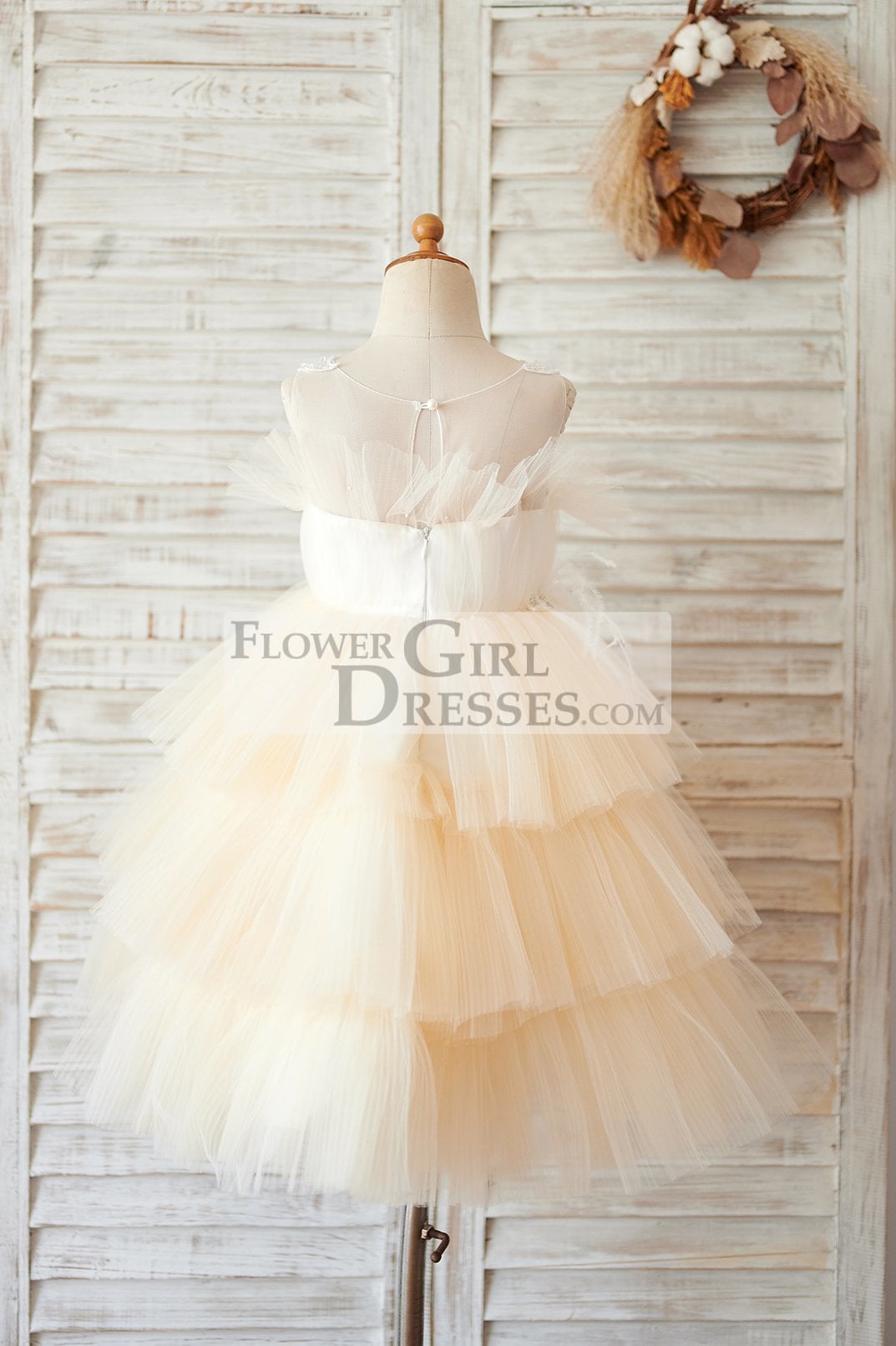 Champagne Cupcake Tulle Beaded Lace Wedding Flower Girl Dress