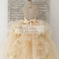 Champagne Embroidery Lace Tulle Keyhole Back Wedding Flower Girl Dress Kids Party Dress