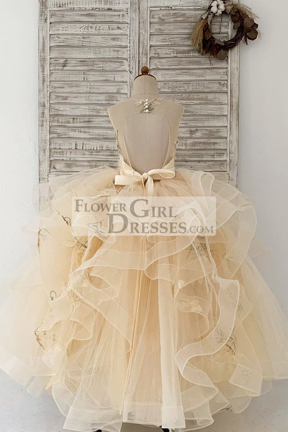 Champagne Embroidery Lace Tulle Keyhole Back Wedding Flower Girl Dress Kids Party Dress