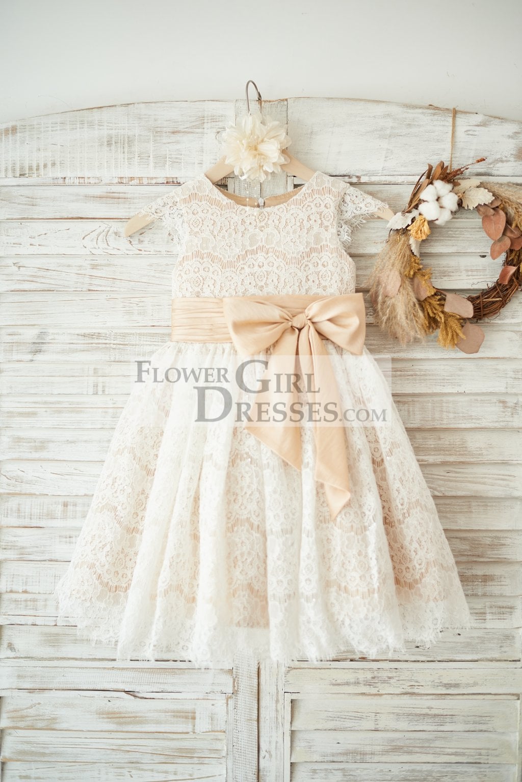 Champagne Satin Ivory Lace Cap Sleeves Wedding Flower Girl Dress with Bow Belt