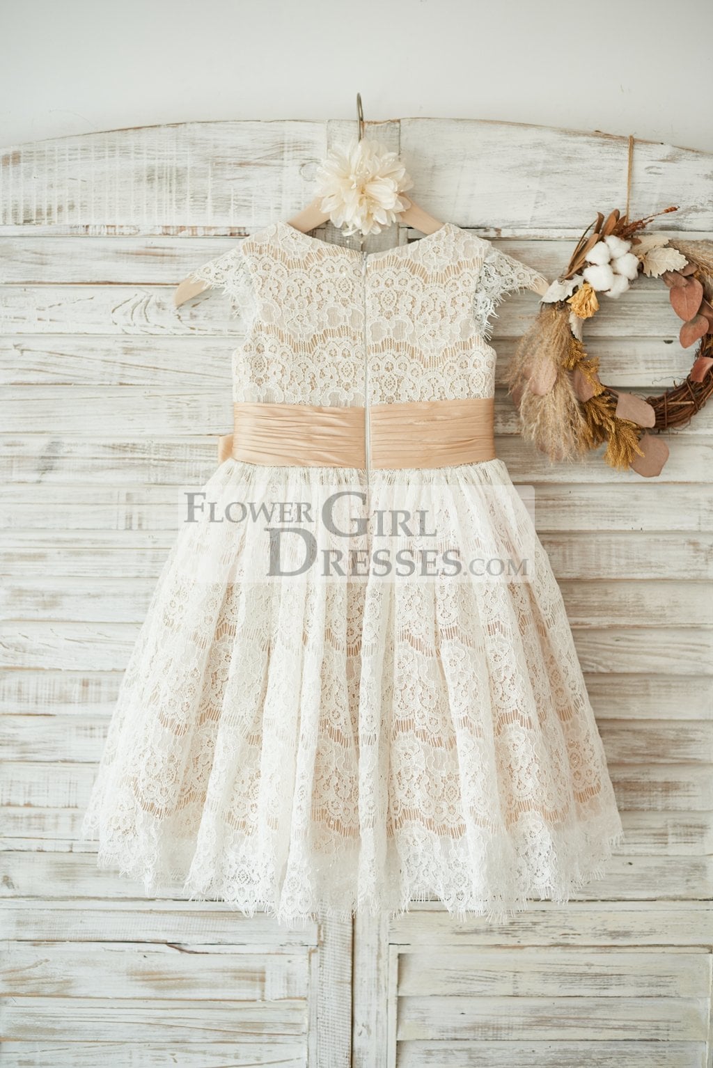 Champagne Satin Ivory Lace Cap Sleeves Wedding Flower Girl Dress with Bow Belt