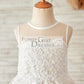 Champagne Satin Ivory Lace Sheer Back Wedding Flower Girl Dress