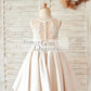 Champagne Satin Ivory Lace Sheer Back Wedding Flower Girl Dress