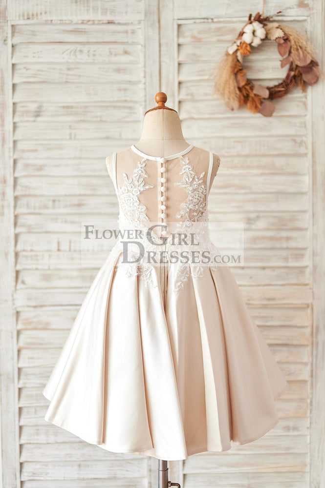 Champagne Satin Ivory Lace Sheer Back Wedding Flower Girl Dress 8T Champagne Satin Ivory Lace Sheer Back Wedding Flower Girl Dress 8T