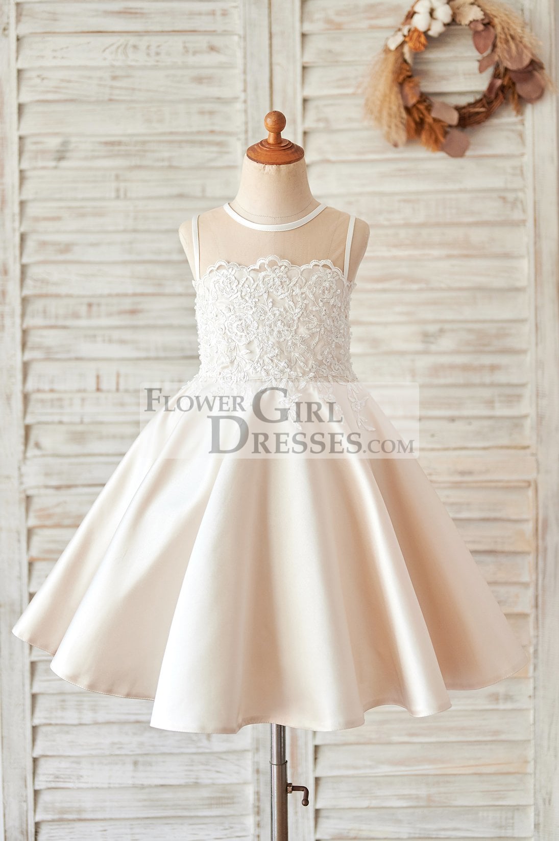 Champagne Satin Ivory Lace Sheer Back Wedding Flower Girl Dress