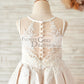 Champagne Satin Ivory Lace Sheer Back Wedding Flower Girl Dress