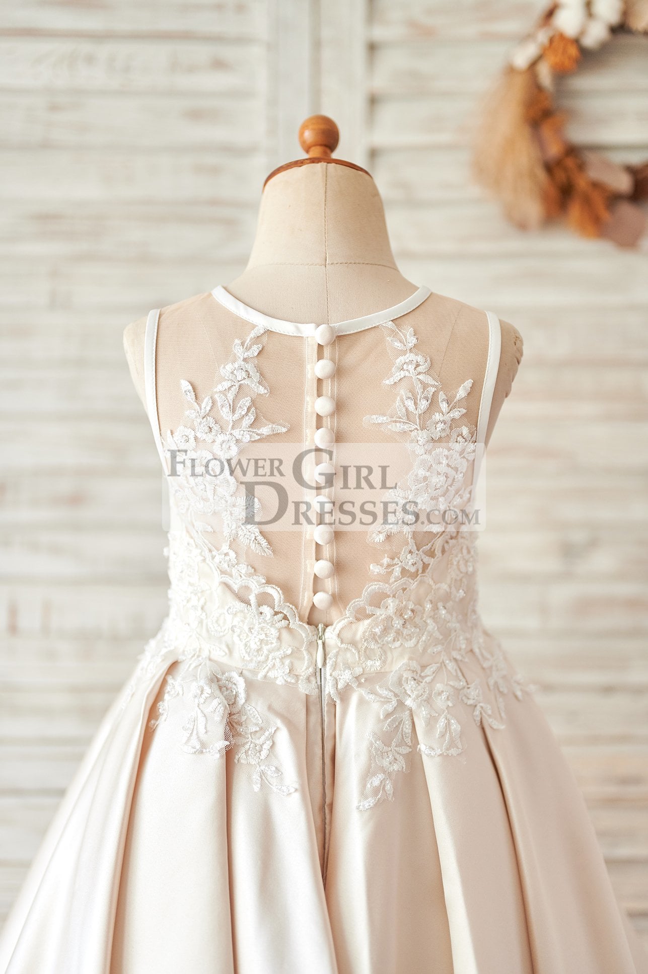 Champagne Satin Ivory Lace Sheer Back Wedding Flower Girl Dress