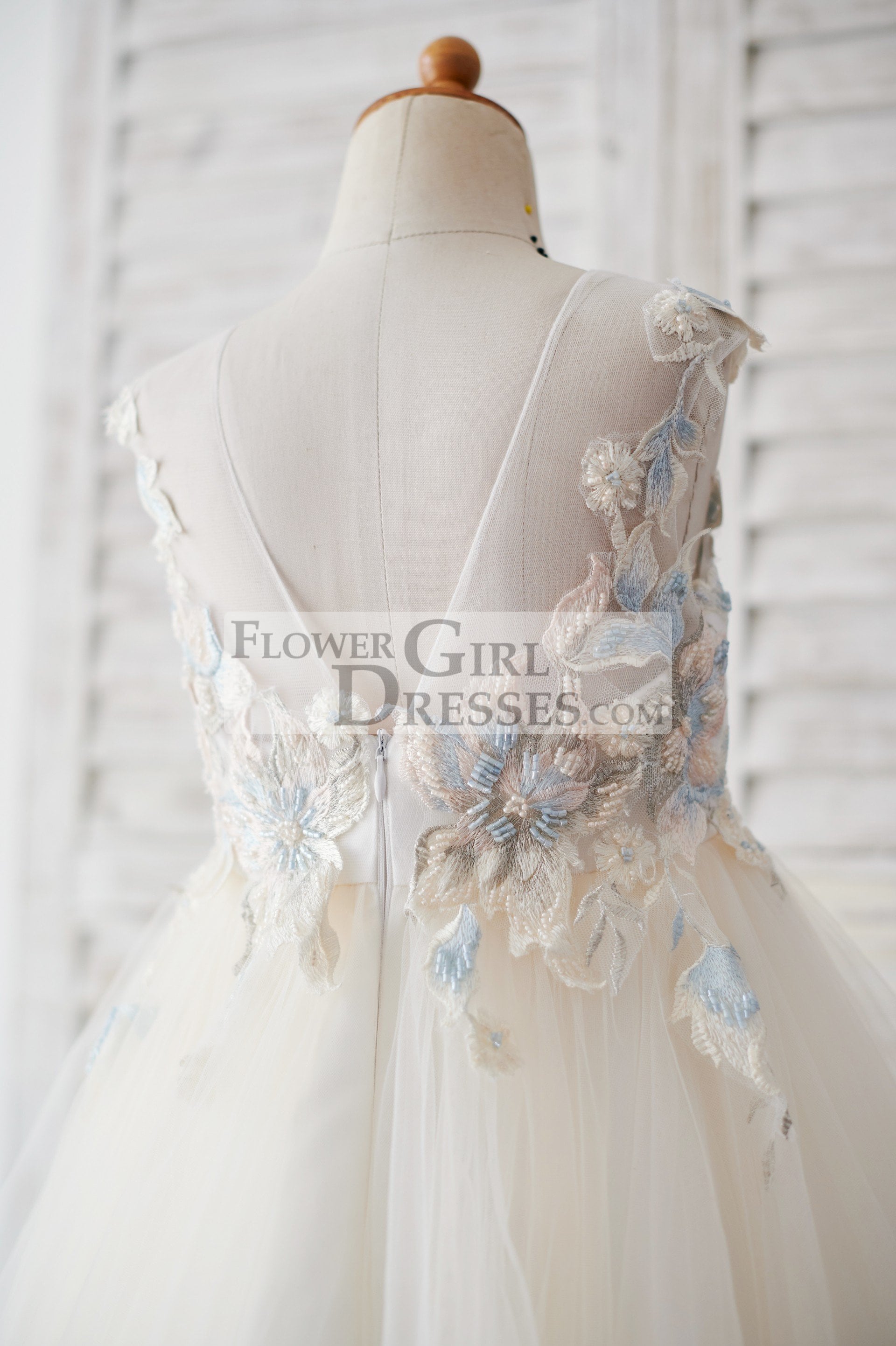 Champagne Tulle Beaded Lace V Back Wedding Flower Girl Dress