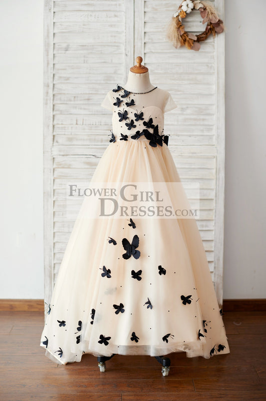 Champagne Tulle Cap Sleeves Wedding Flower Girl Dress with Black Butterflies