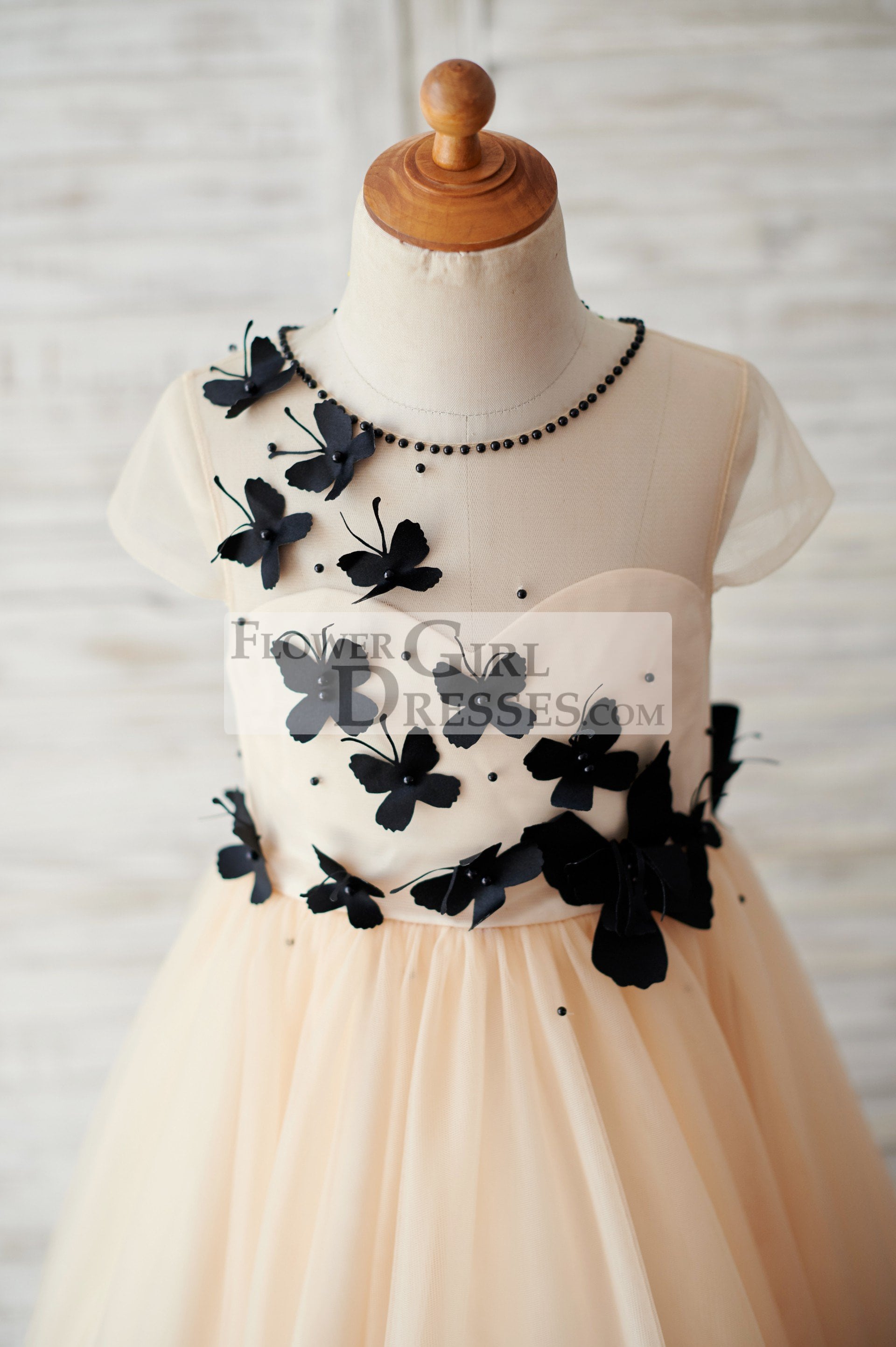 Champagne Tulle Cap Sleeves Wedding Flower Girl Dress with Black Butterflies