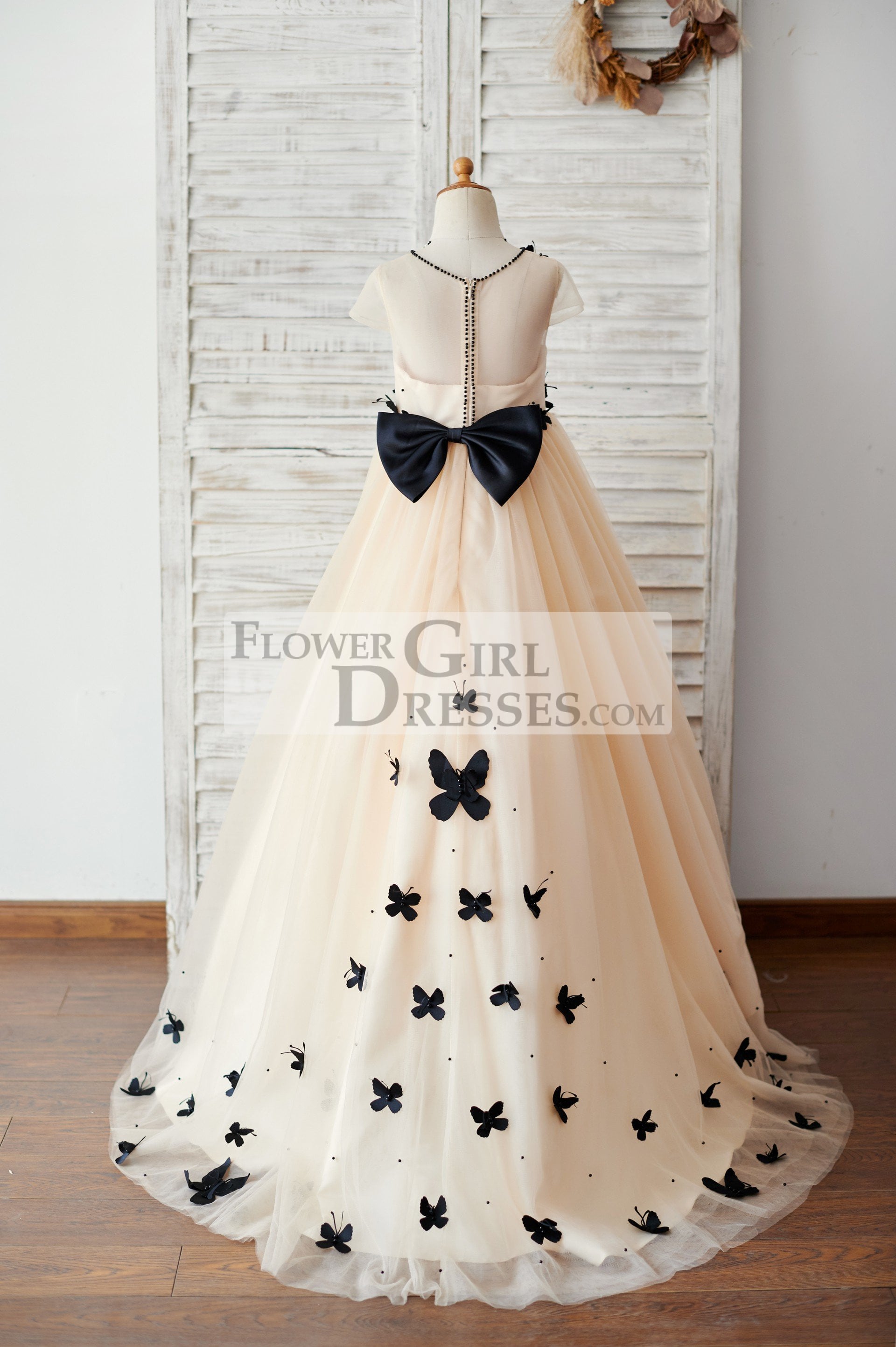 Champagne Tulle Cap Sleeves Wedding Flower Girl Dress with Black Butterflies