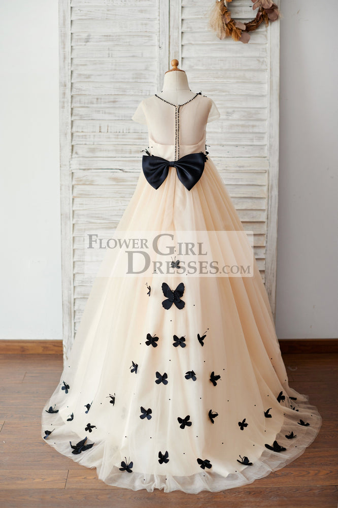 Champagne Tulle Cap Sleeves Black Butterflies Flower Girl Dress 3T