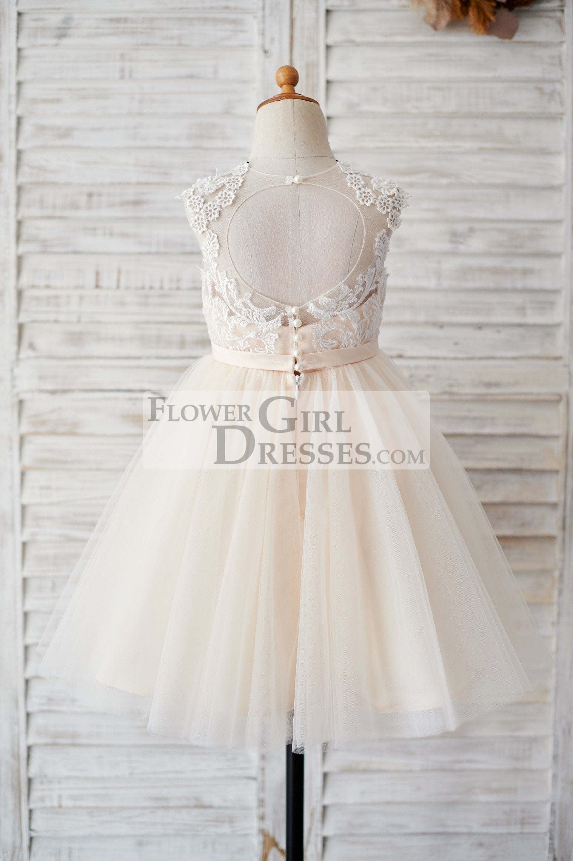 Champagne Tulle Ivory Lace Keyhole Back Wedding Flower Girl Dress