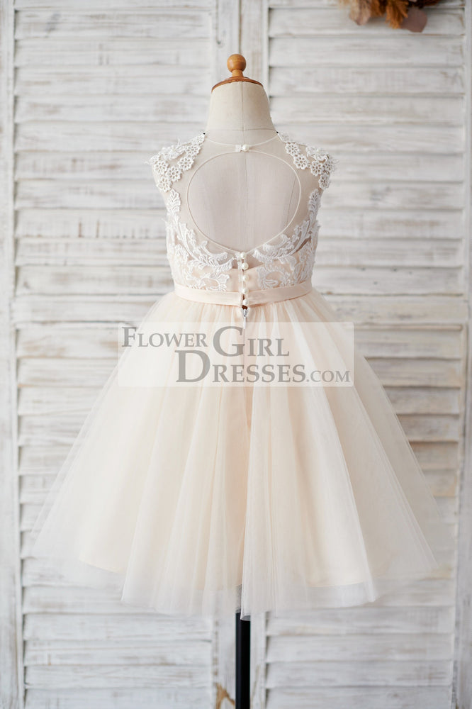 flower girl dress champagne color Sunnypetal Champagne Puffy Tulle Flower Girl Dresses Lace Applique Pearls Wedding Party Dress