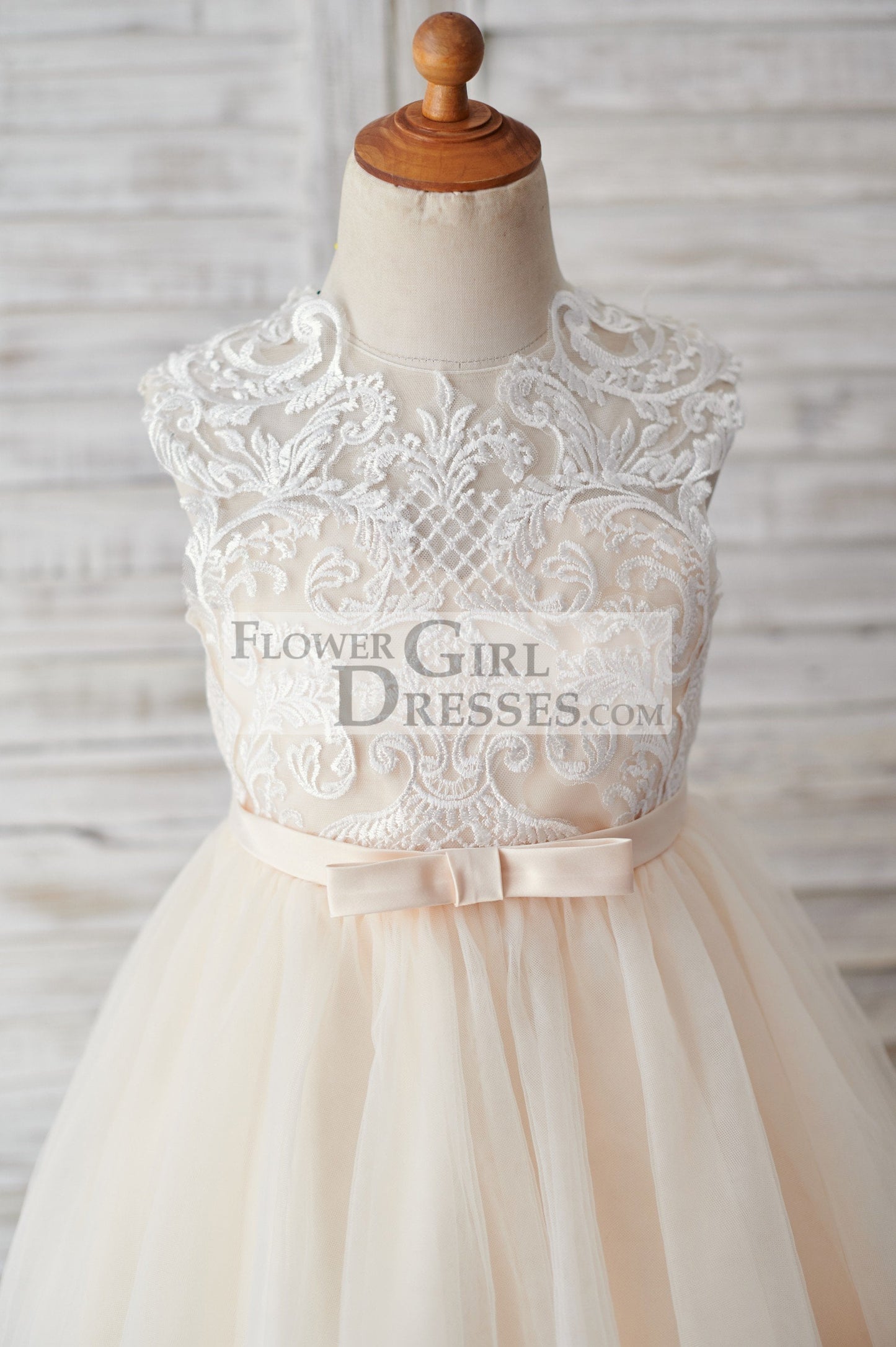 Champagne Tulle Ivory Lace Keyhole Back Wedding Flower Girl Dress