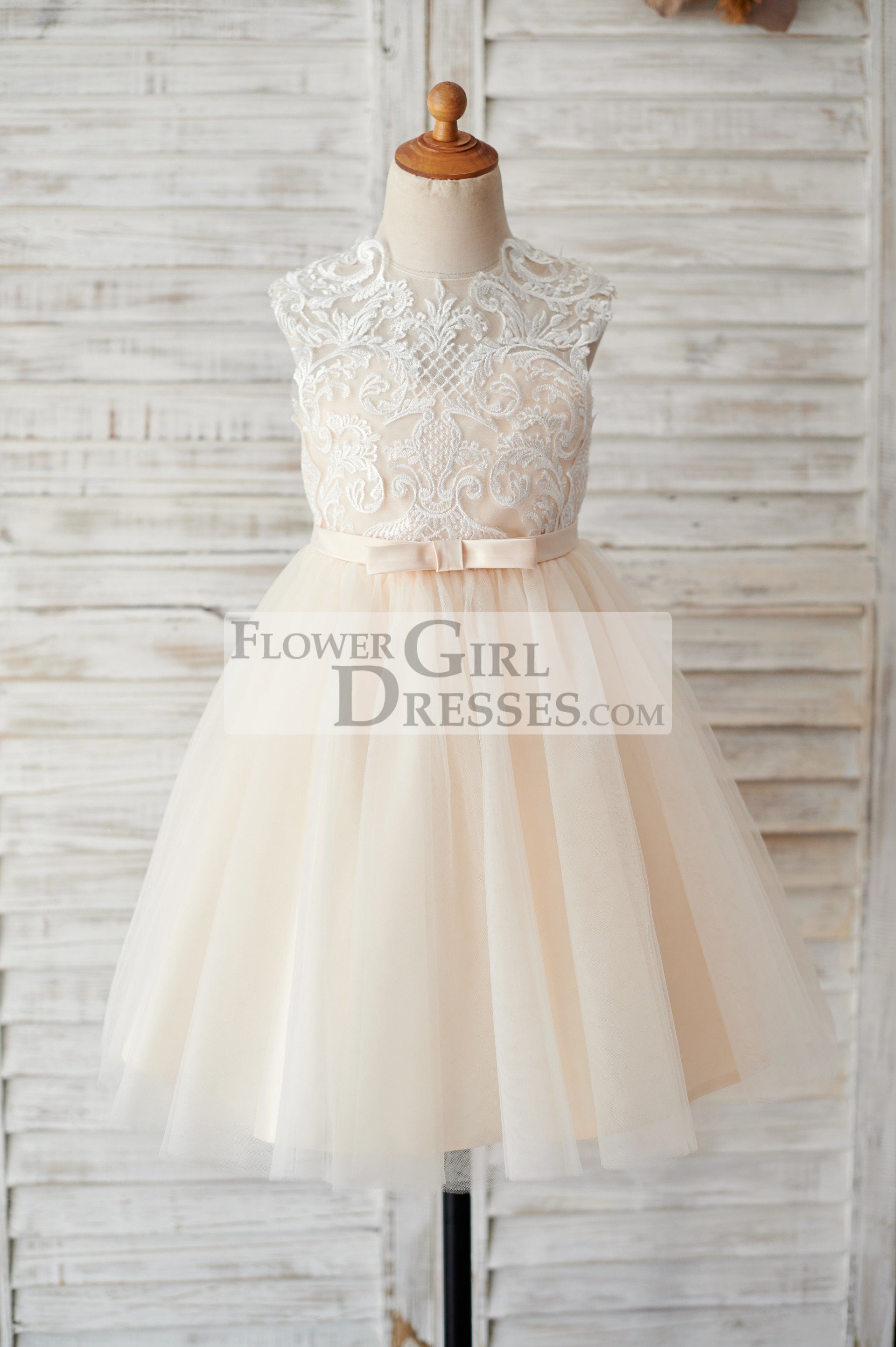 Champagne Tulle Ivory Lace Keyhole Back Wedding Flower Girl Dress
