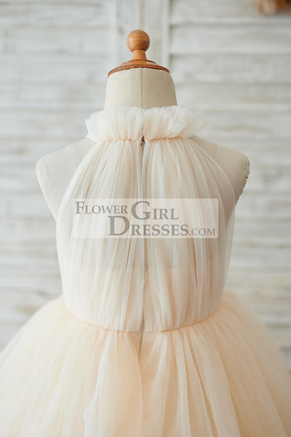 Cupcake Champagne Tulle Halter Neck Floor Length Wedding Flower Girl Dress