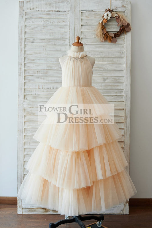 Cupcake Champagne Tulle Halter Neck Floor Length Wedding Flower Girl Dress