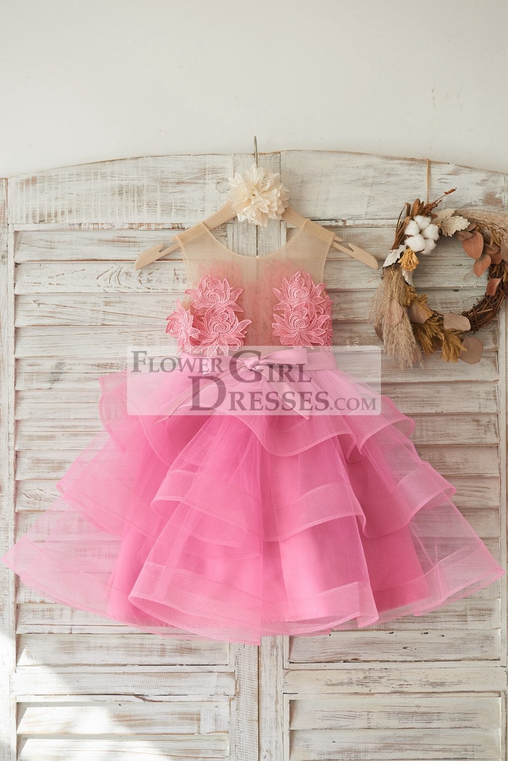 Cupcake Fuchsia Lace Tulle Wedding Flower Girl Dress with Horsehair Tulle Hem