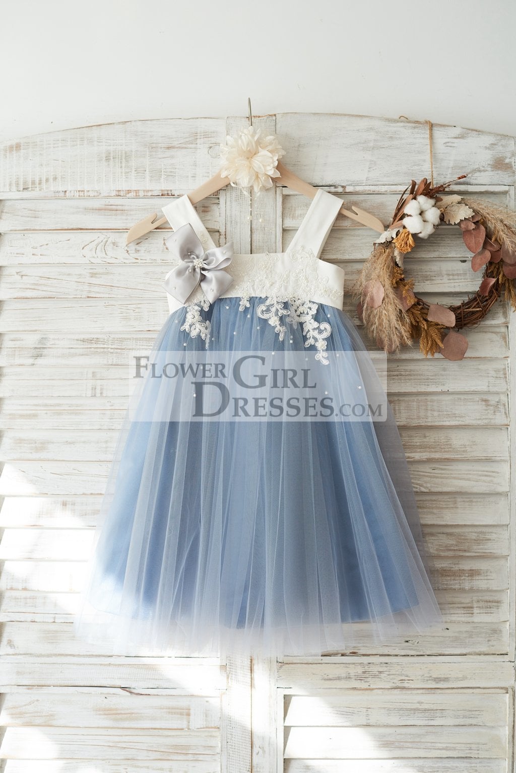 Dusty Blue Tulle Beaded Lace Wedding Flower Girl Dress