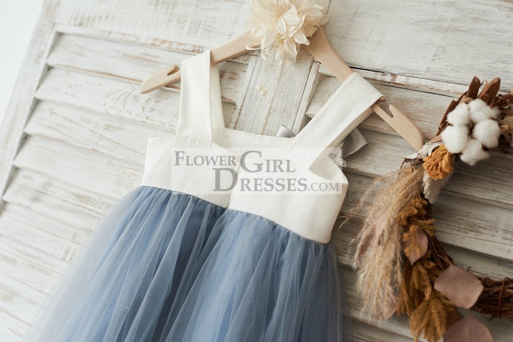 Dusty Blue Tulle Beaded Lace Wedding Flower Girl Dress
