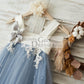 Dusty Blue Tulle Beaded Lace Wedding Flower Girl Dress