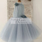 Dusty Blue Tulle Hi Low Wedding Flower Girl Dress Kids Party Dress with Long Train
