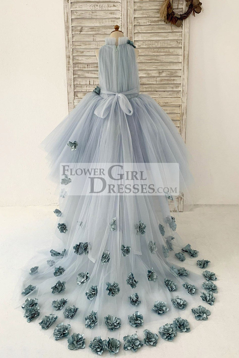 Dusty Blue Tulle Hi Low Wedding Flower Girl Dress Kids Party Dress with Long Train
