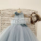 Dusty Blue Tulle Hi Low Wedding Flower Girl Dress Kids Party Dress with Long Train