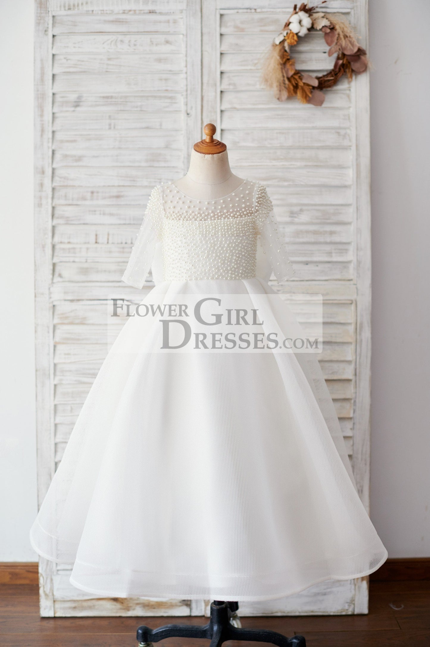 Elbow Sleeves Beaded Neoprene Tulle Wedding Flower Girl Dress with Bow