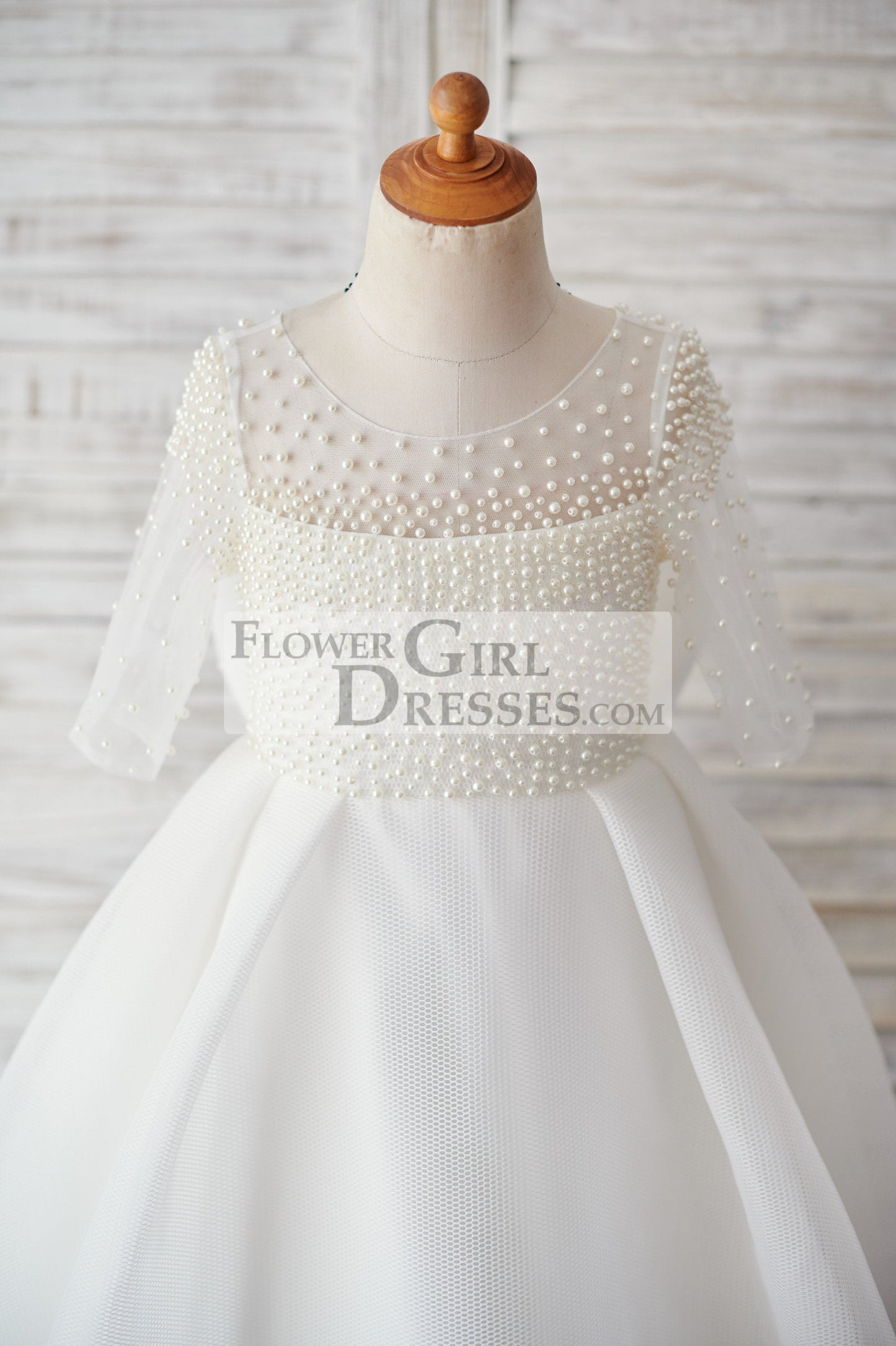 Elbow Sleeves Beaded Neoprene Tulle Wedding Flower Girl Dress with Bow