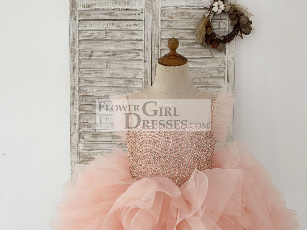 Fluffy Sleeves Beaded Peach Tulle Organza Wedding Flower Girl Dress 10T Fluffy Sleeves Beaded Peach Tulle Organza Wedding Flower Girl Dress 10T