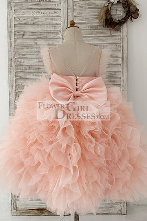Fluffy Sleeves Beaded Peach Tulle Organza Wedding Flower Girl Dress 10T Fluffy Sleeves Beaded Peach Tulle Organza Wedding Flower Girl Dress 10T